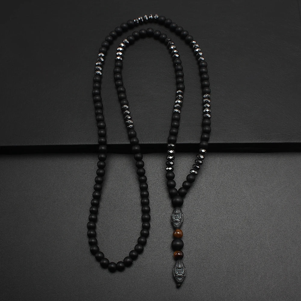 Black Obsidian Round Beads Hematite Old Man Head Pendant Y Necklace Men's Jewelry