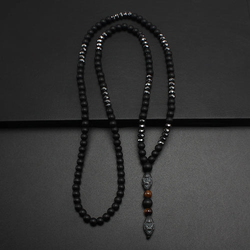 Black Obsidian Round Beads Hematite Old Man Head Pendant Y Necklace Men's Jewelry