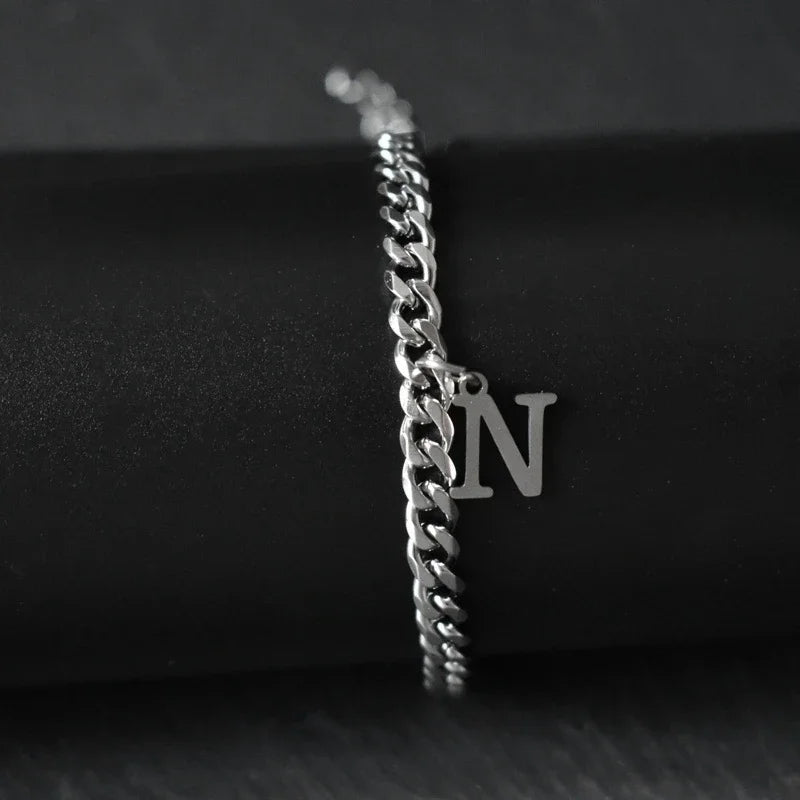 A-Z Initial Letter Cuban Chain Bracelet — Stainless Steel