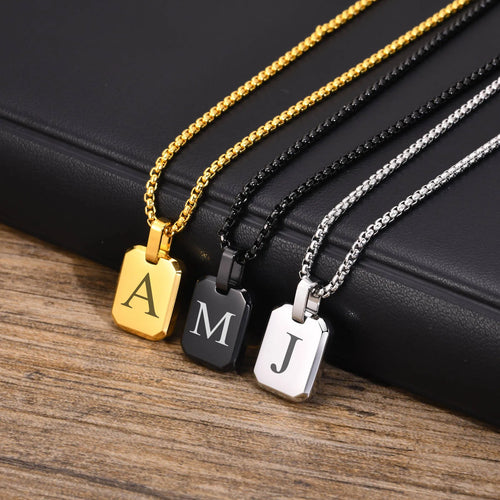 Stylish A-Z 26 Letters Necklace for Men Boys,Waterproof Stainless Steel Square Pendant Necklace,Initals Alphabet