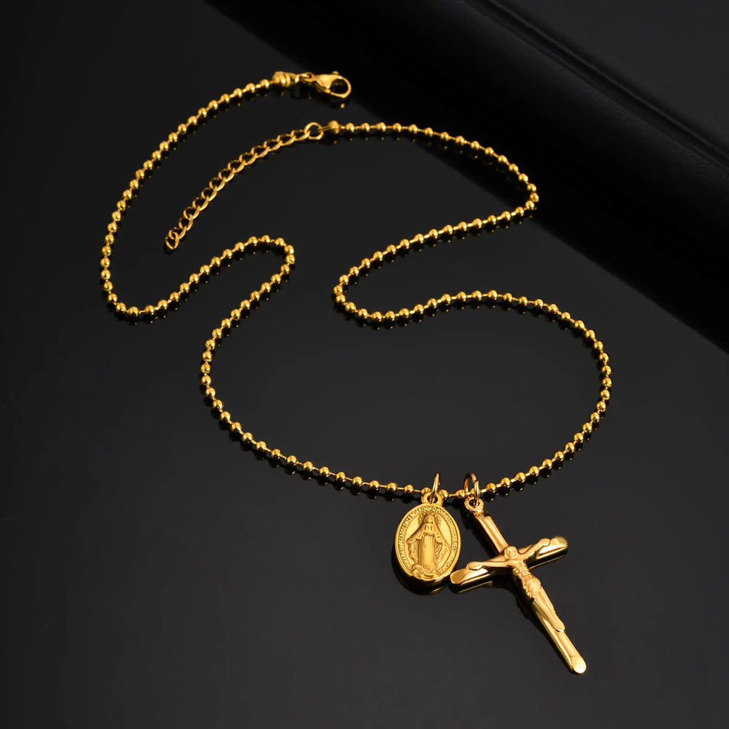 Vintage Virgin Mary Cross Pendant Necklace for Men, Fashion Stainless Steel Beaded Chain Necklace, Religious Prayer Jewelry