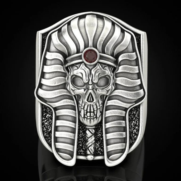 2026 New Egyptian Pharaoh Skull 925 Silver Plated Gold Two tone Ring European and American Exaggerated Punk Punk Ring