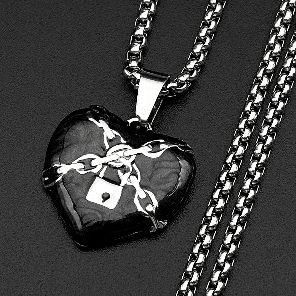 Punk Rock Lock Heart Pendant Necklace For Men Stainless Steel Cool Hip Hop Street Vintage Goth Accessories Trendy Chain Jewelry