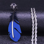 Feather Pendant Rope Chain Necklace Long — Stainless Steel