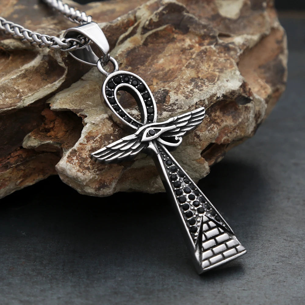 New Fashion Ancient Egyptian Ankh Cross Pendant With Eye of Horus Necklaces For Men Women Stainless Steel Amulet