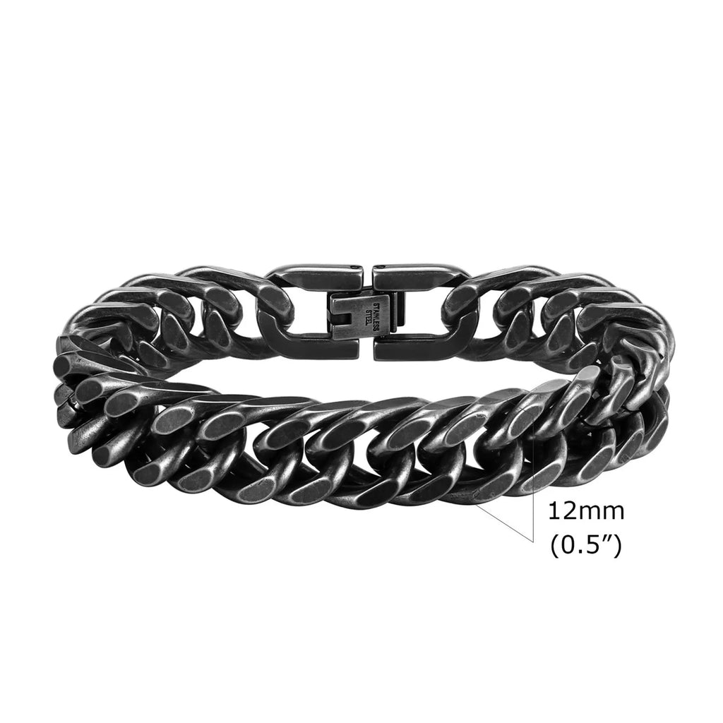 Vintage Men's Chunky Chain Bracelets,8/10/12mm Retro Grey Stainless Steel Cuban Chain Wristband,Rock Punk Classic