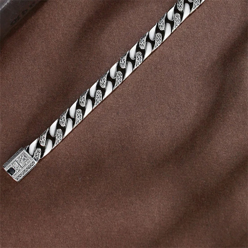 OUYADI S925 Sterling Silver Men's Cuban Link Bracelet Vintage Eternal Vines Engraved Retro Masculine Wrist Jewelry Gift