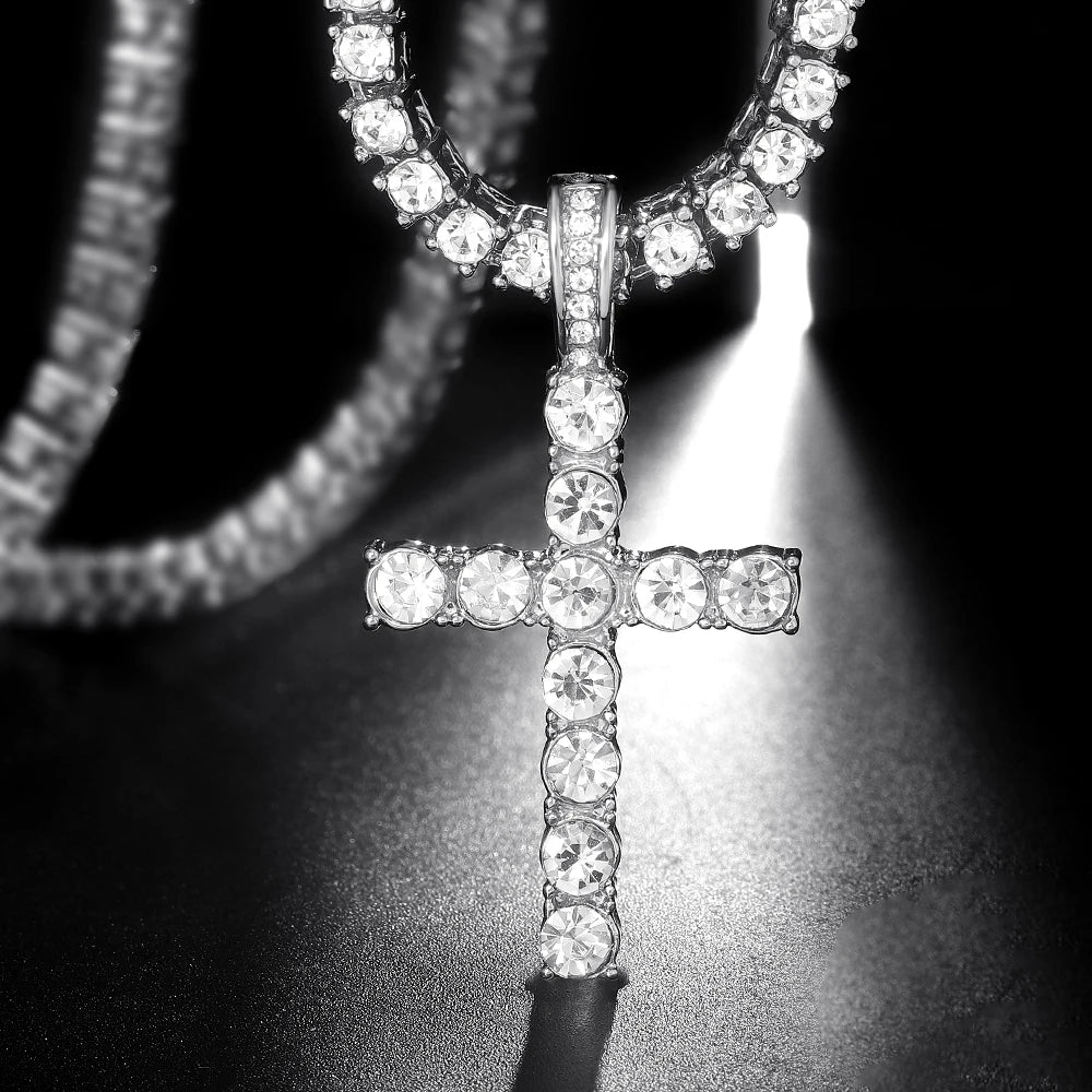 Iced Out Cross Pendant Necklace With 4mm Tennis Chain Religious Charm Full Rhinestone Bling Hip Hop Jewelry for Men and