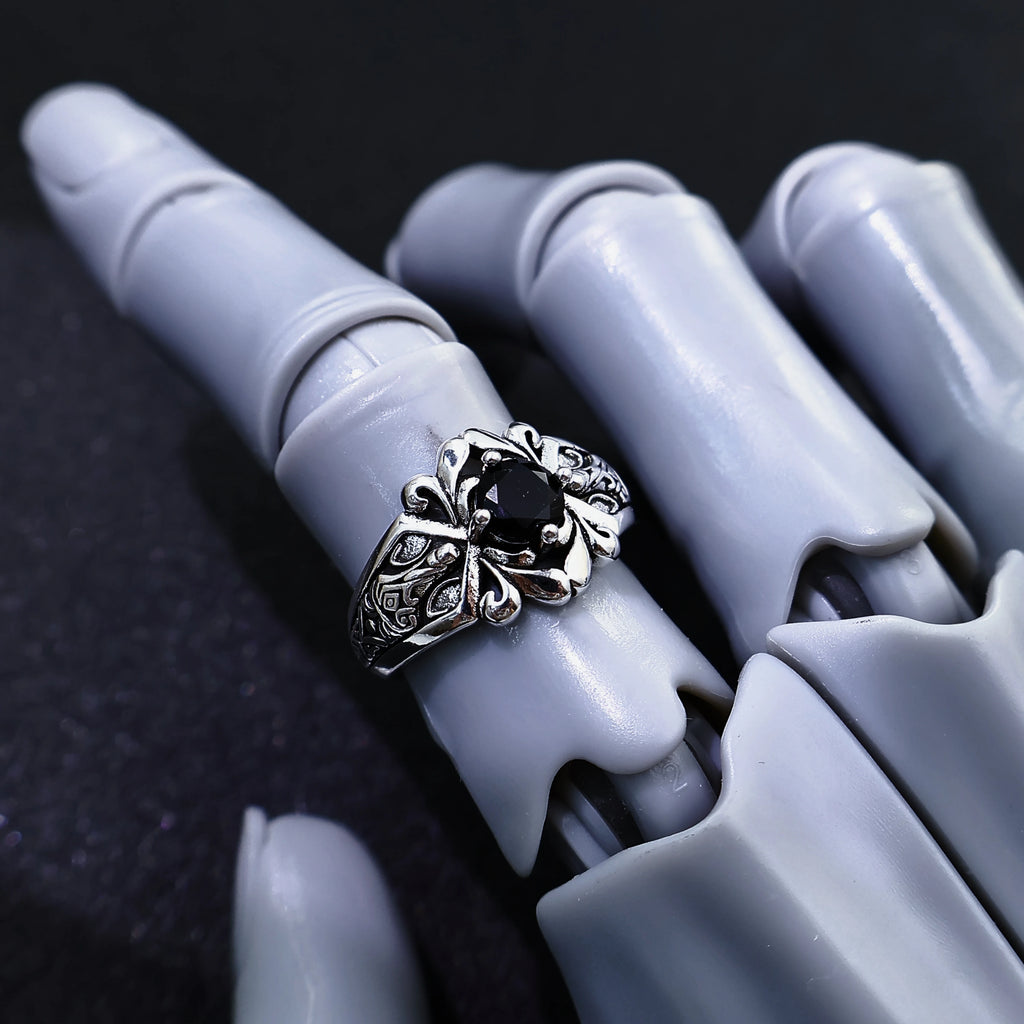 Sword & Rose Black Zircon Open Ring — Silver