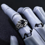 Sword & Rose Black Zircon Open Ring — Silver