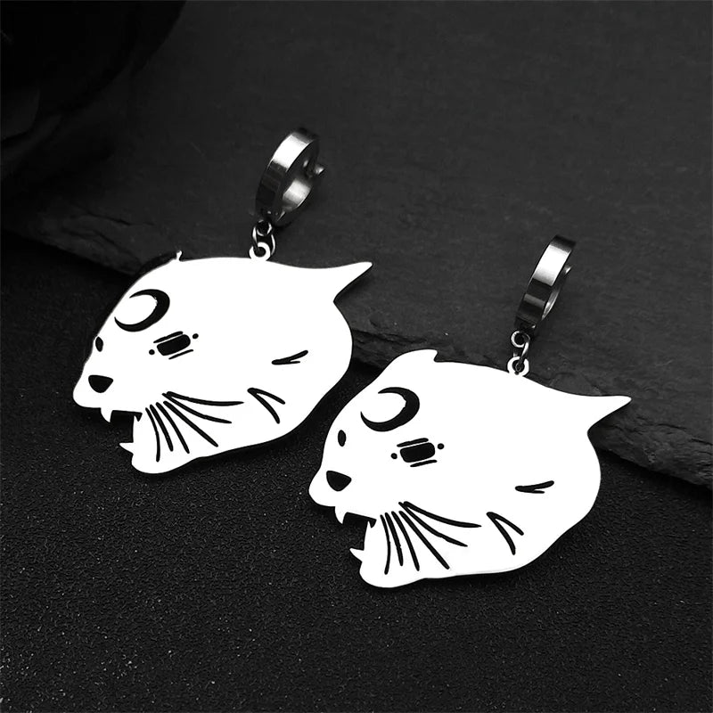 Cat Silver Earrings Witchcraft Head Moon Hoop