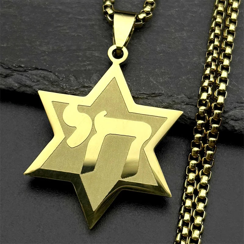 Jewish Hebrew Chai Symbol Star of David Pendant Necklace for Men Women Gold Color Stainless Steel Israel Amulet Chain