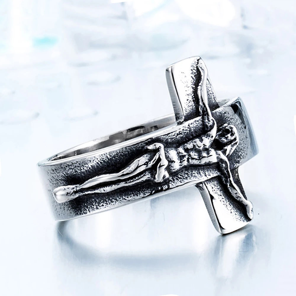 Men's Vintage Stainless Steel Jesus Cross Rings Fashion Character Relief Religious Ring Creative Party Gothic Jewelry