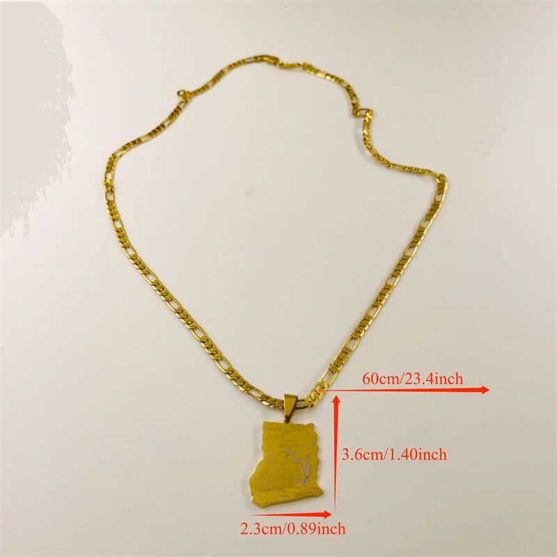 Ghana Map Pendant Necklace Laser Carved African Style — Gold-Tone