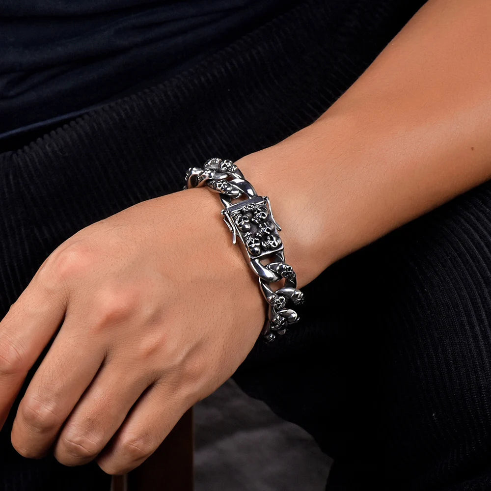 Men's Cast 316l Stainless Steel Skull Link Bracelet Man Punk Gothic Skeleton Head Wristband Biker Rock Chain Jewelry