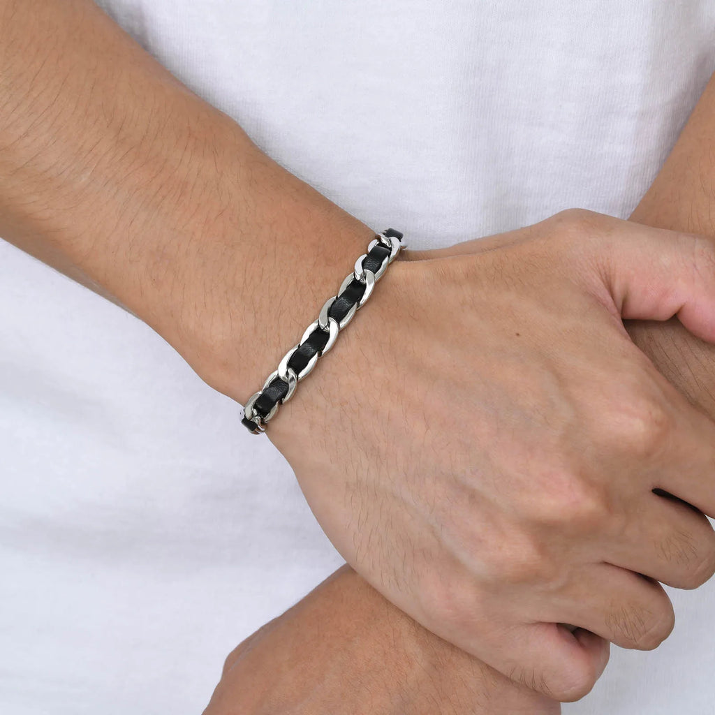 Cuban Black Leather Chain Bracelet — Stainless Steel