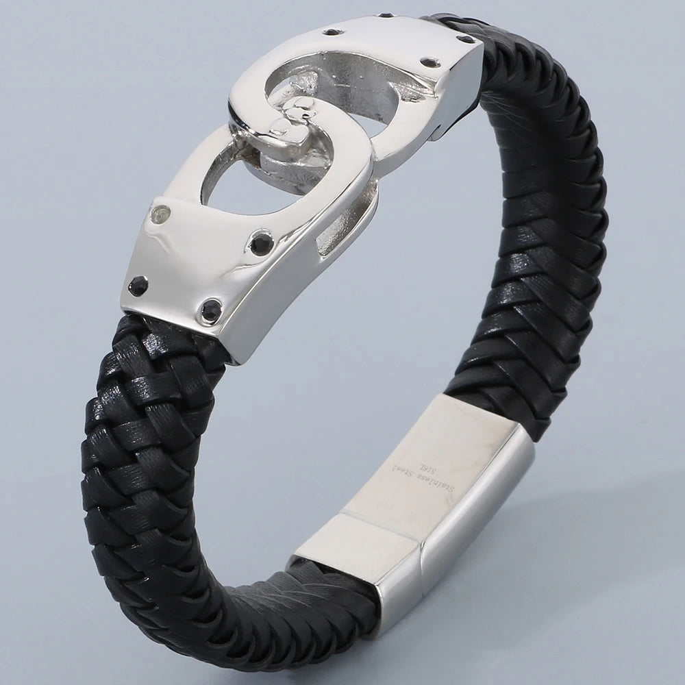 Braided Leather Handcuffs Style Men's Wrap Bracelet Stainless Steel Charm Bracelet for Men Gold Color Jewelry Logo
