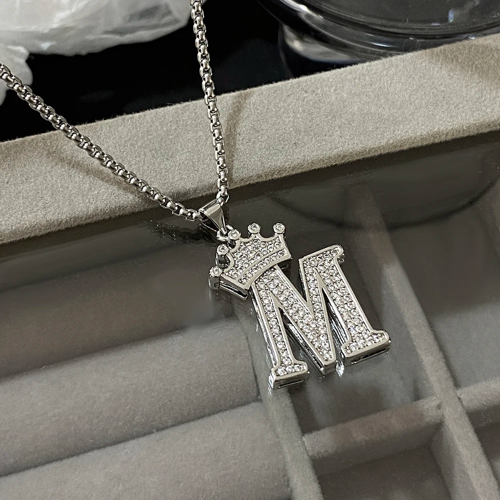 Freetry 26 Letters A-Z Zircon Crown Pendant Necklace for Women Men Punk Initial Alphabet Necklaces Hip Hop Choker Chain