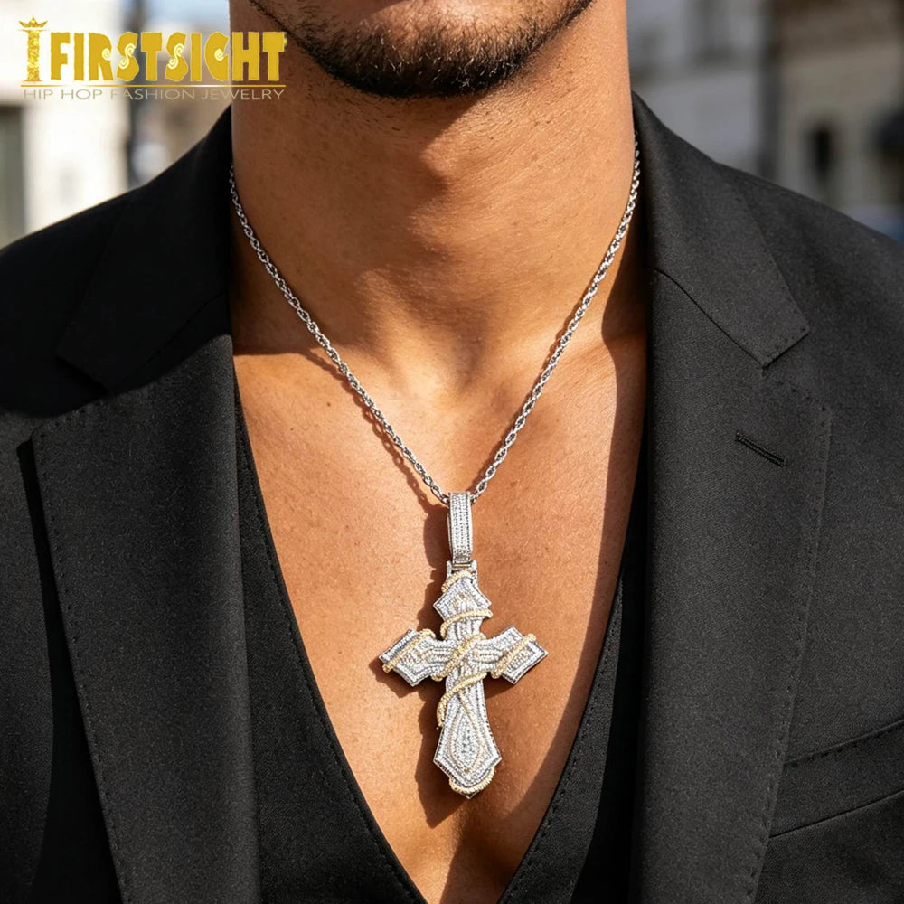 2026 New Iced Out Barbed Wire Wrapped Cross Pendant Necklace Silver Color Cubic Zirconia CZ Charm For Men Hip Hop