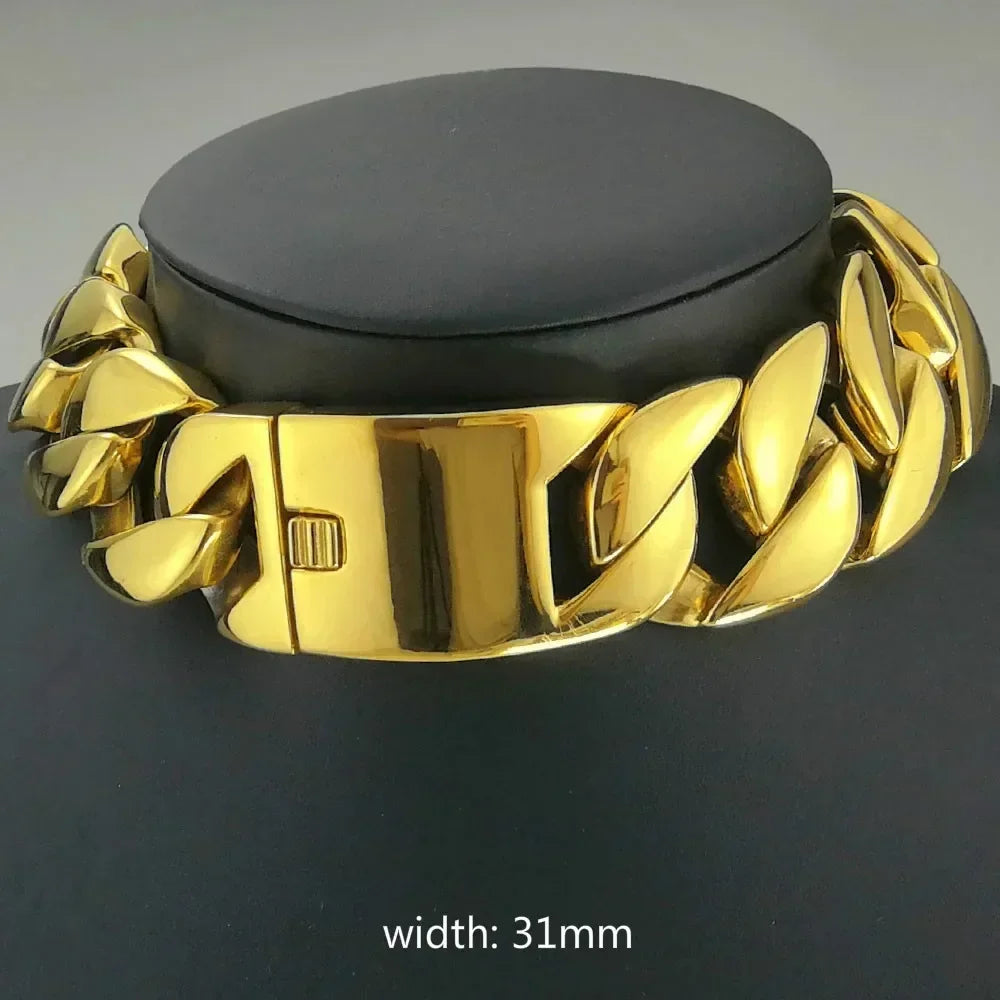 Gold Color 316L Stainless Steel All Polished 31mm Width Very Heavy Long Chain 40-55cm Necklace Jewelry