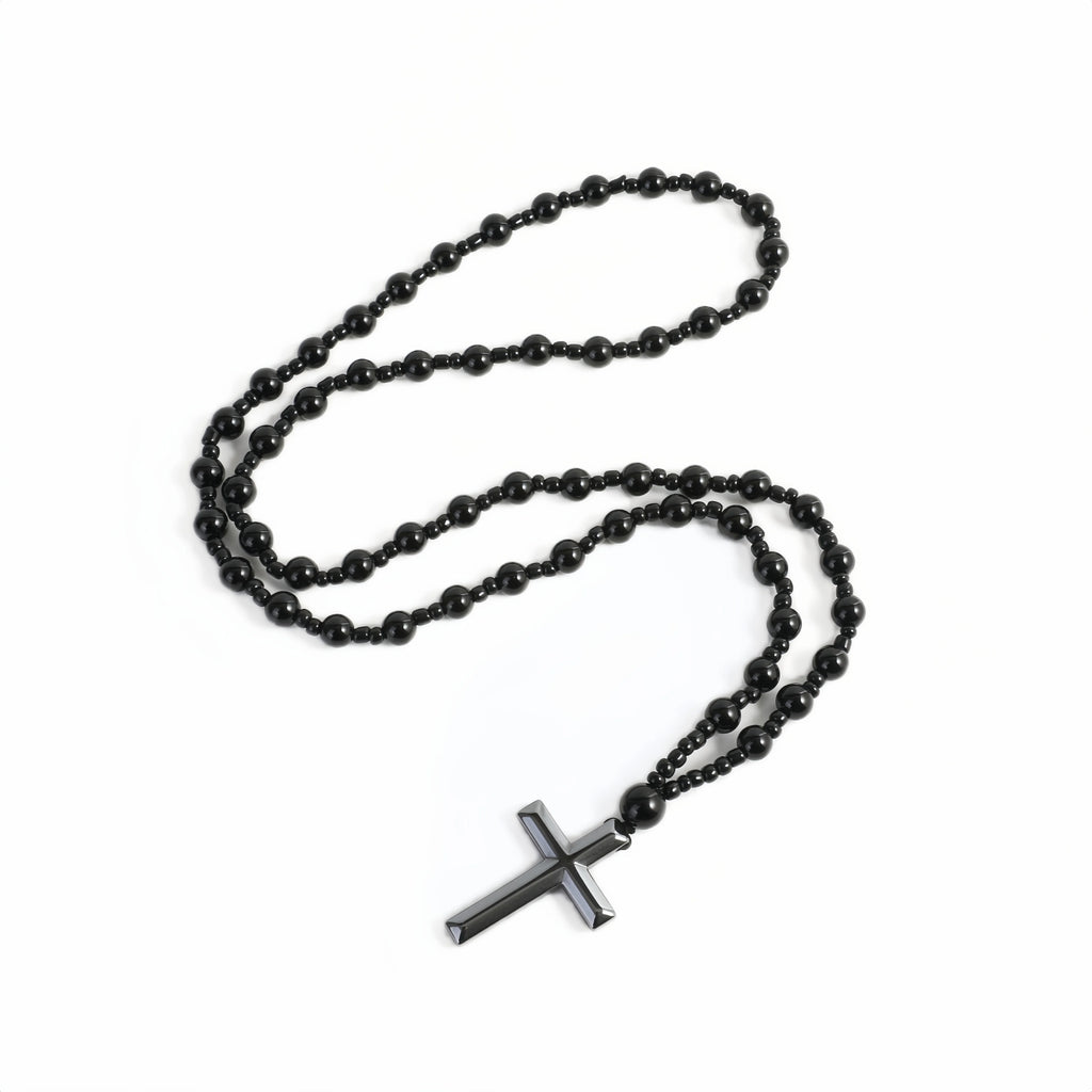 Black Hematite Bead Cross Pendant Necklace — Black-Tone