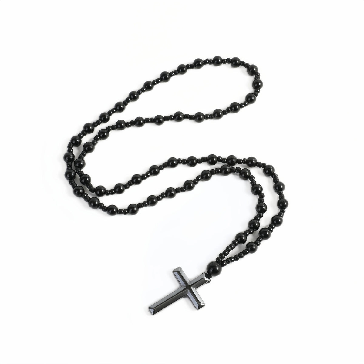 Fashion Cool Black Round Beads Hematite Cross Pendant  Necklace for Men and Women