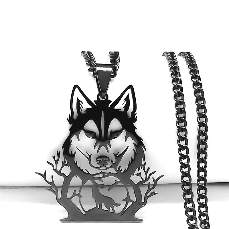 Goth Full Moon Wolf Head Pendant Necklace Women Men Black Color Forest Tree Hollow Animal Necklaces Jewelry Party Gifts