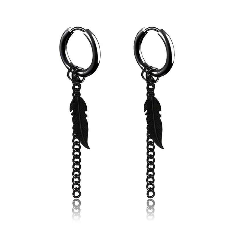 Feather Dangle Huggie Hoop Earrings for Men — Stainless Steel