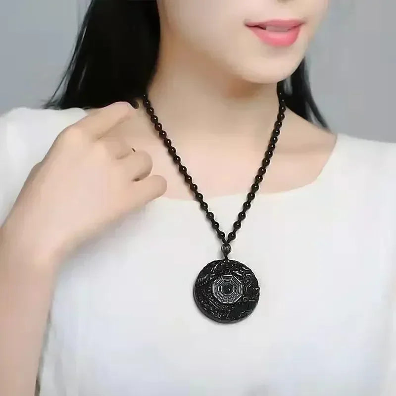 Obsidian Gossip Pendant Necklace Carving Dragon and Phoenix Shape Lucky Amulet Jewelry Six-Character Mantra Pearl