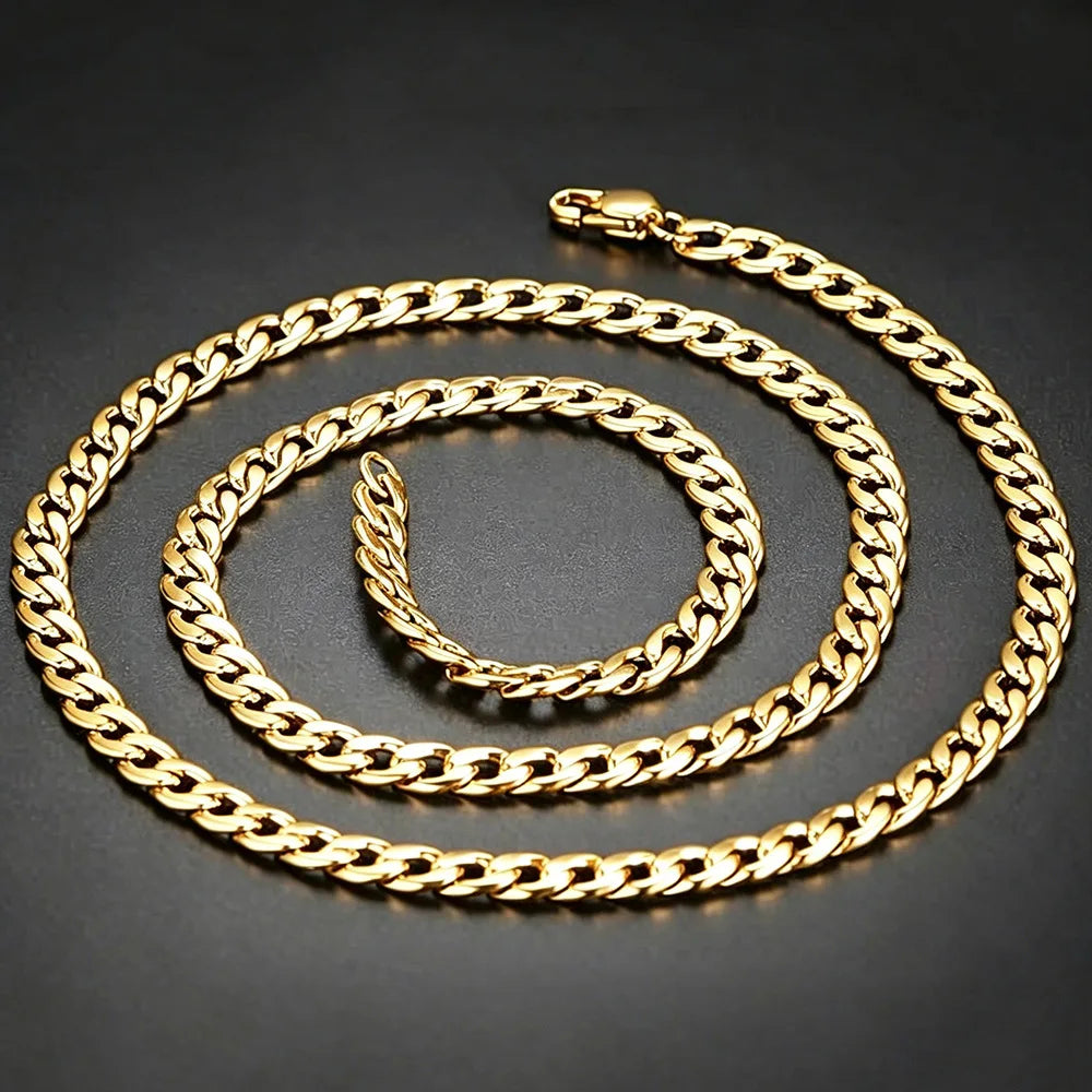 HNSP PVD Gold Plated 316L Stainless Steel Cuban Link Chain Necklace For Men Multi Size Thick Curb Chain Waterproof