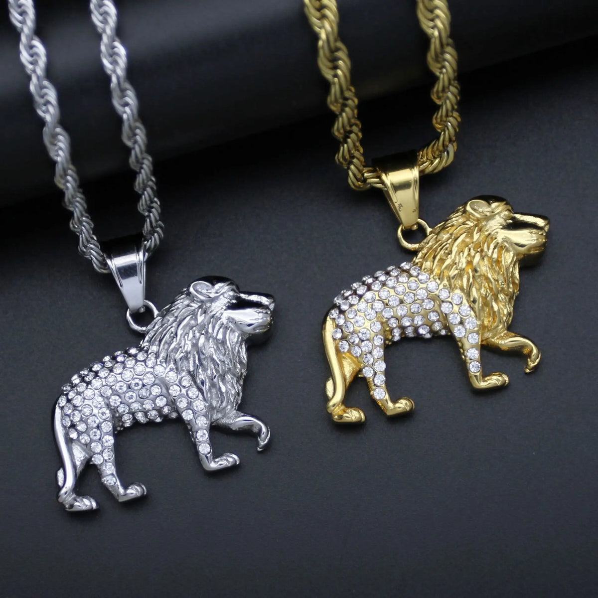 Iced Out Lion Pendant Necklace — Rhinestone, Gold & Silver, 70cm