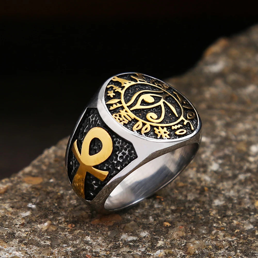 Egyptian Vintage Men Eye Of Horus Ring Fashion Stainless Steel Ankh Cross Ring Punk Biker Amulet Jewelry Gift