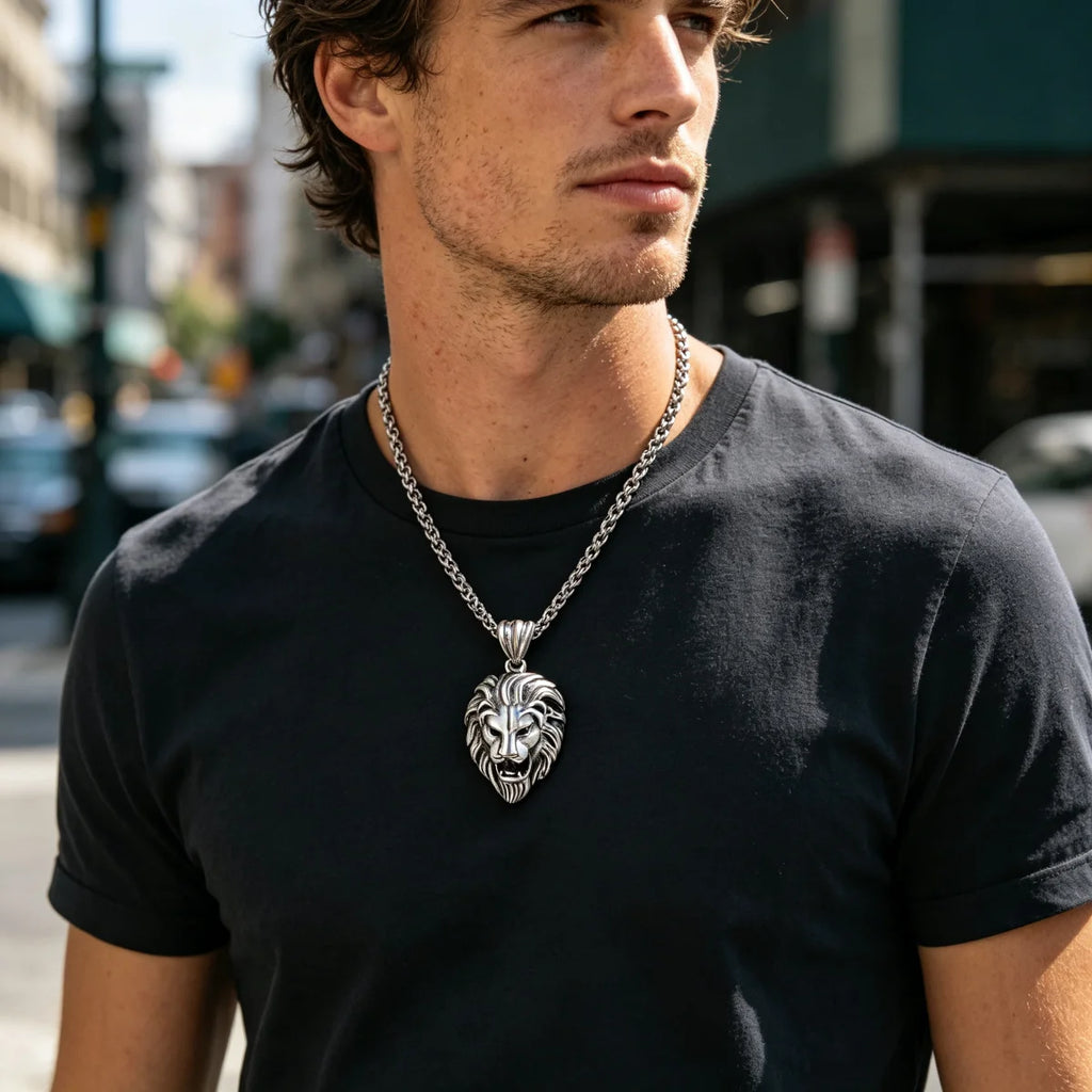 Vintage Lion Head Pendant Necklace, 60cm — Stainless Steel
