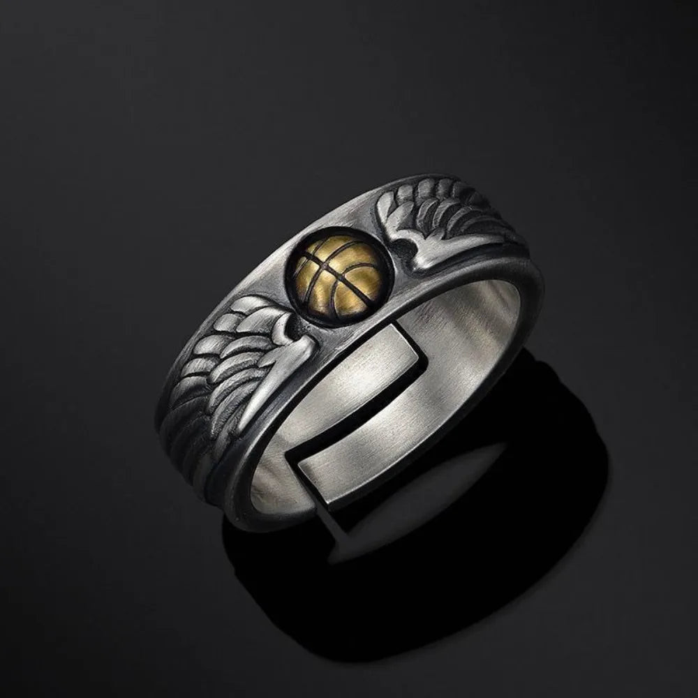 Vintage Personalized Creative Basketball Ring Men's Open Ring Rock Hip Hop Ring Pendant Trend Couple Gothic Niche