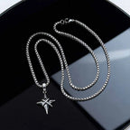 Minimalist Fashion Black Zircon Star Cross Pendant Stainless Steel Necklace for Men, Punk Hip Hop Jewelry Gifts