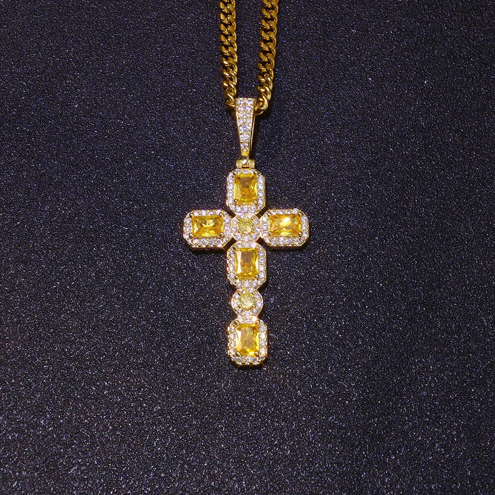 Cross Pendant Necklace Iced Out Yellow CZ