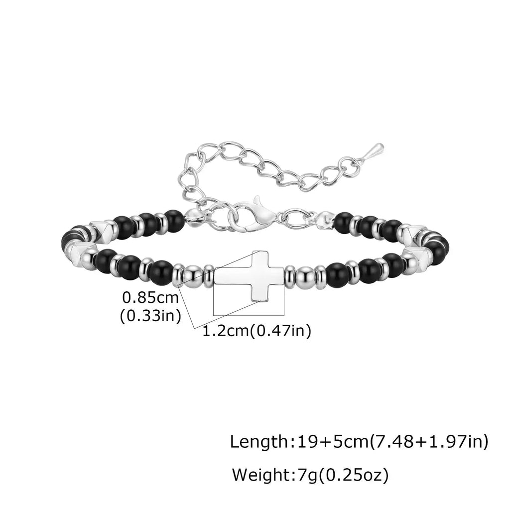 Vnox Men's Cross Natural Stone Beads Bracelets, 19-24cm Adjustable Length Lobster Clasp Trendy Chain Wristband Jewelry for Him