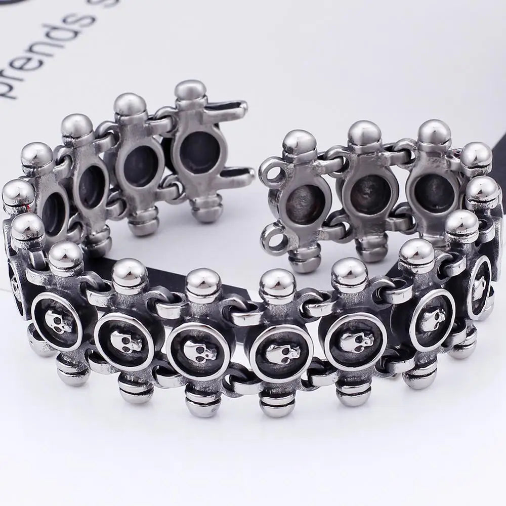 Gothic Men's Skull Heads Link Chain Bracelet for Man Punk Rock Stainless Steel Unique Masculine Skeleton Jewelry Gifts