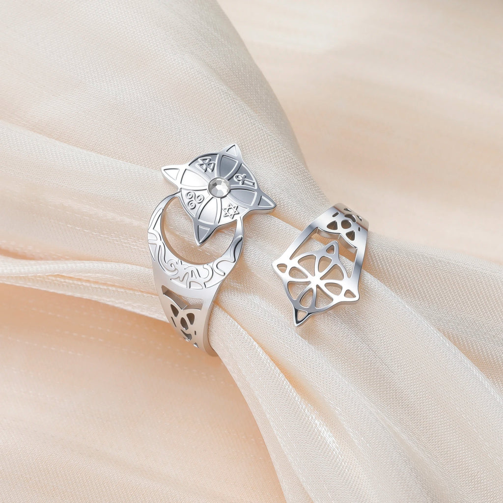 Wicca Crescent Moon Cat Ring Hollow Celtic Knot Witchcraft Star Crystal Inlaid Adjustable Stainless Steel Pagan Protection Ring