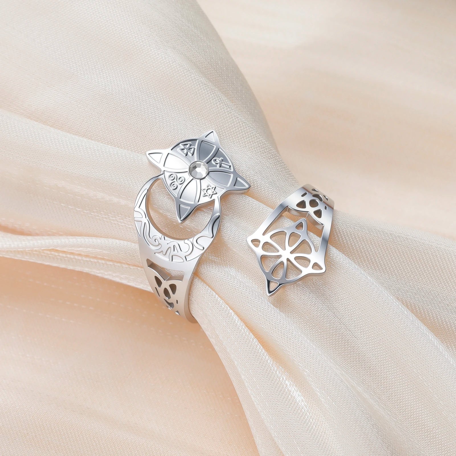 Wicca Crescent Moon Cat Ring Hollow Celtic Knot Witchcraft Star Crystal Inlaid Adjustable Stainless Steel Pagan Protection Ring
