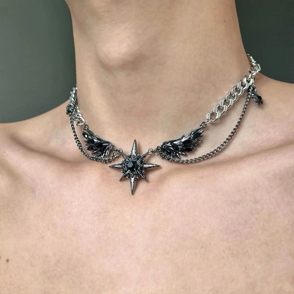 Demon Wings Black Heart Pendant — Silver