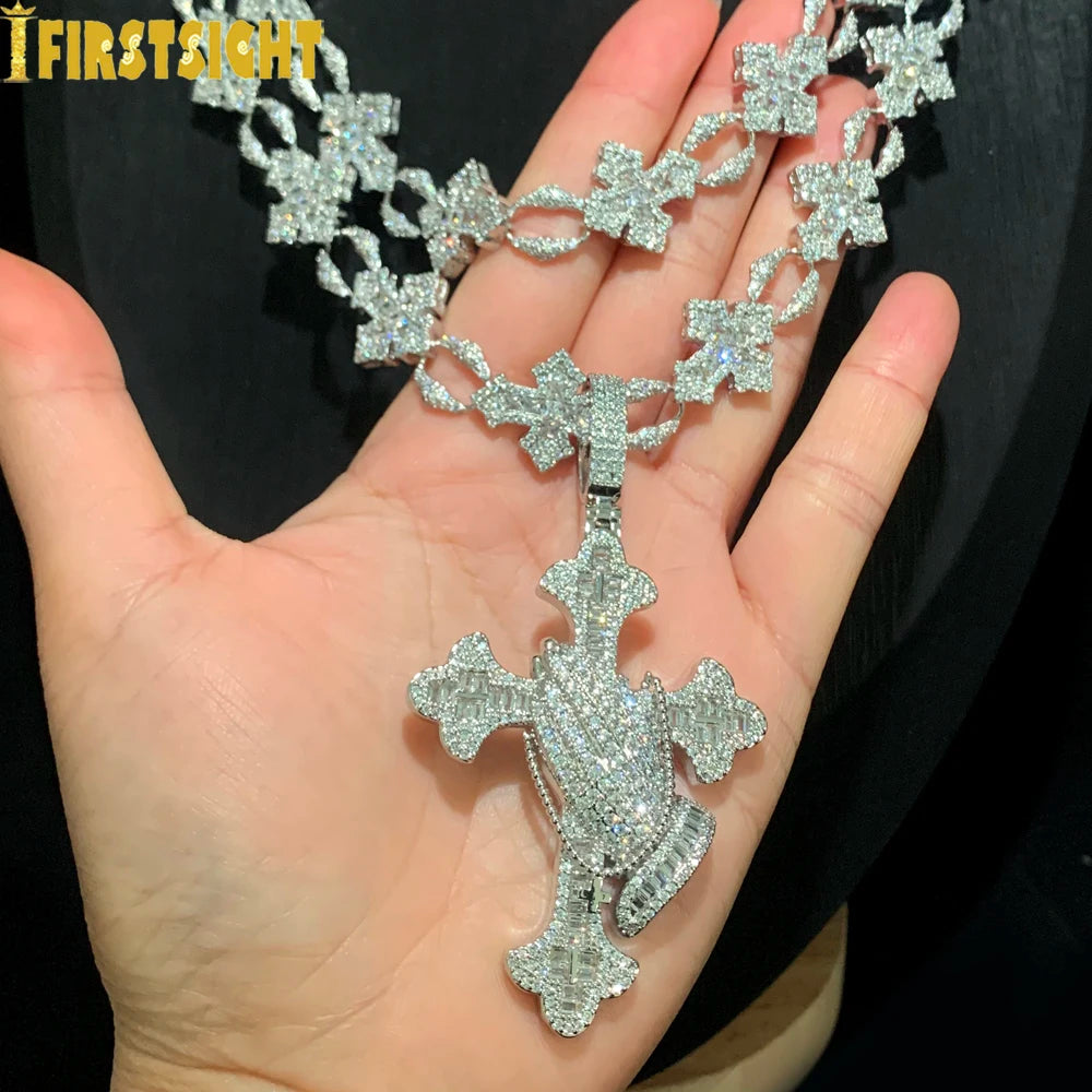 2025 New Iced Out Cross Pendant Necklace for Men Women Bling Silver Color Cubic Zirconia Cross Cuban Chain Hip Hop