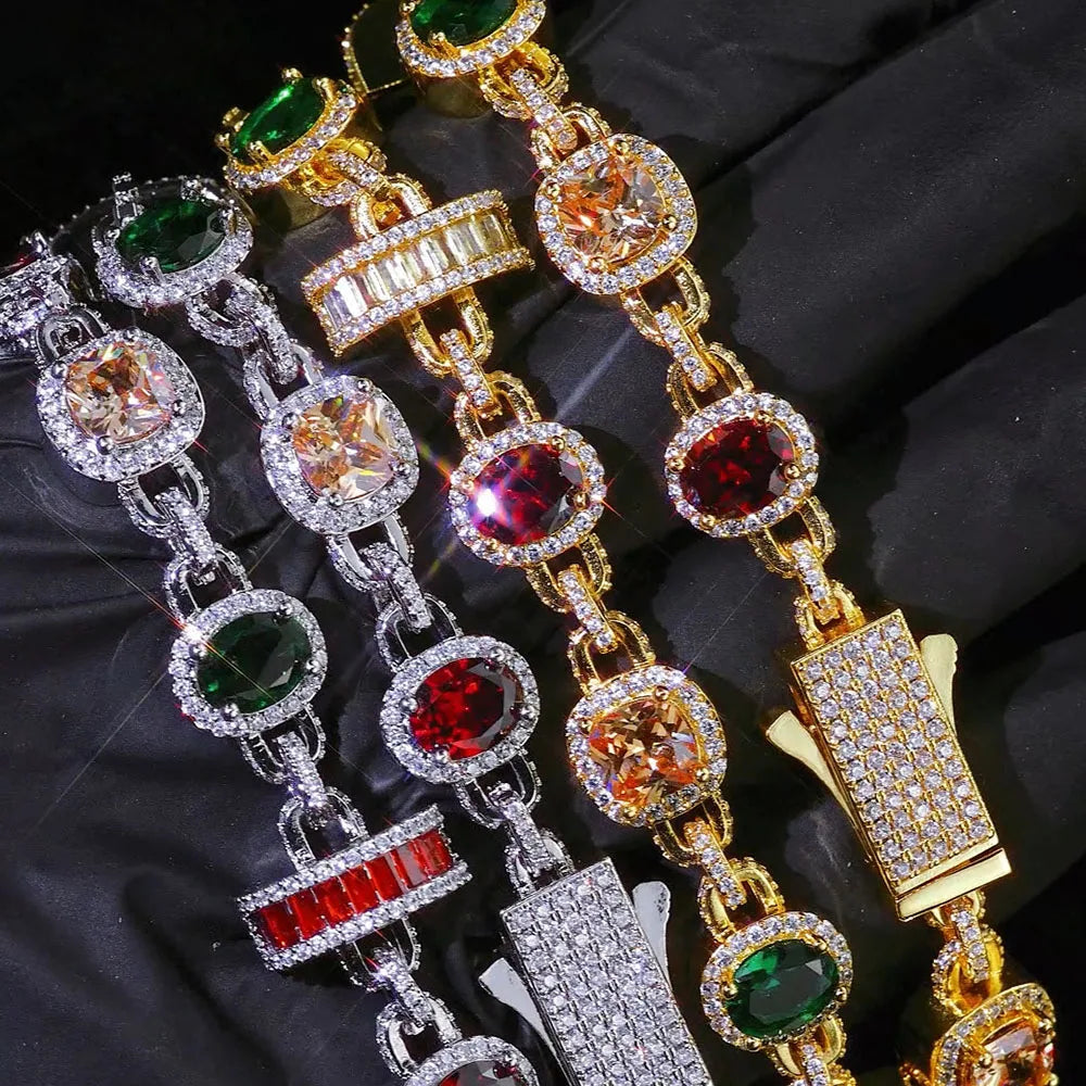 Gold Iced Out Chain Necklace Ruby Emerald 18K