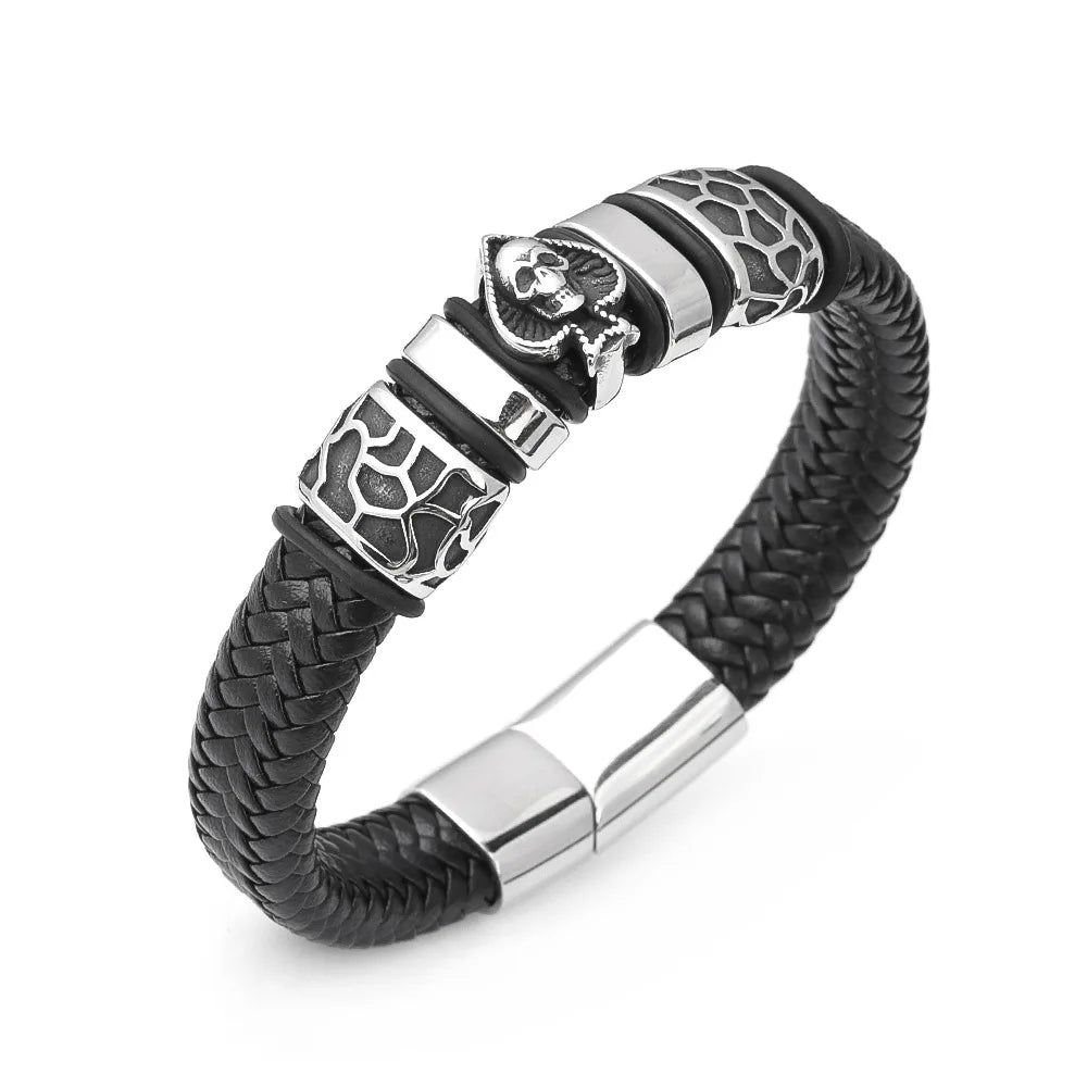 Skull Braid Leather Bracelet — Stainless Steel