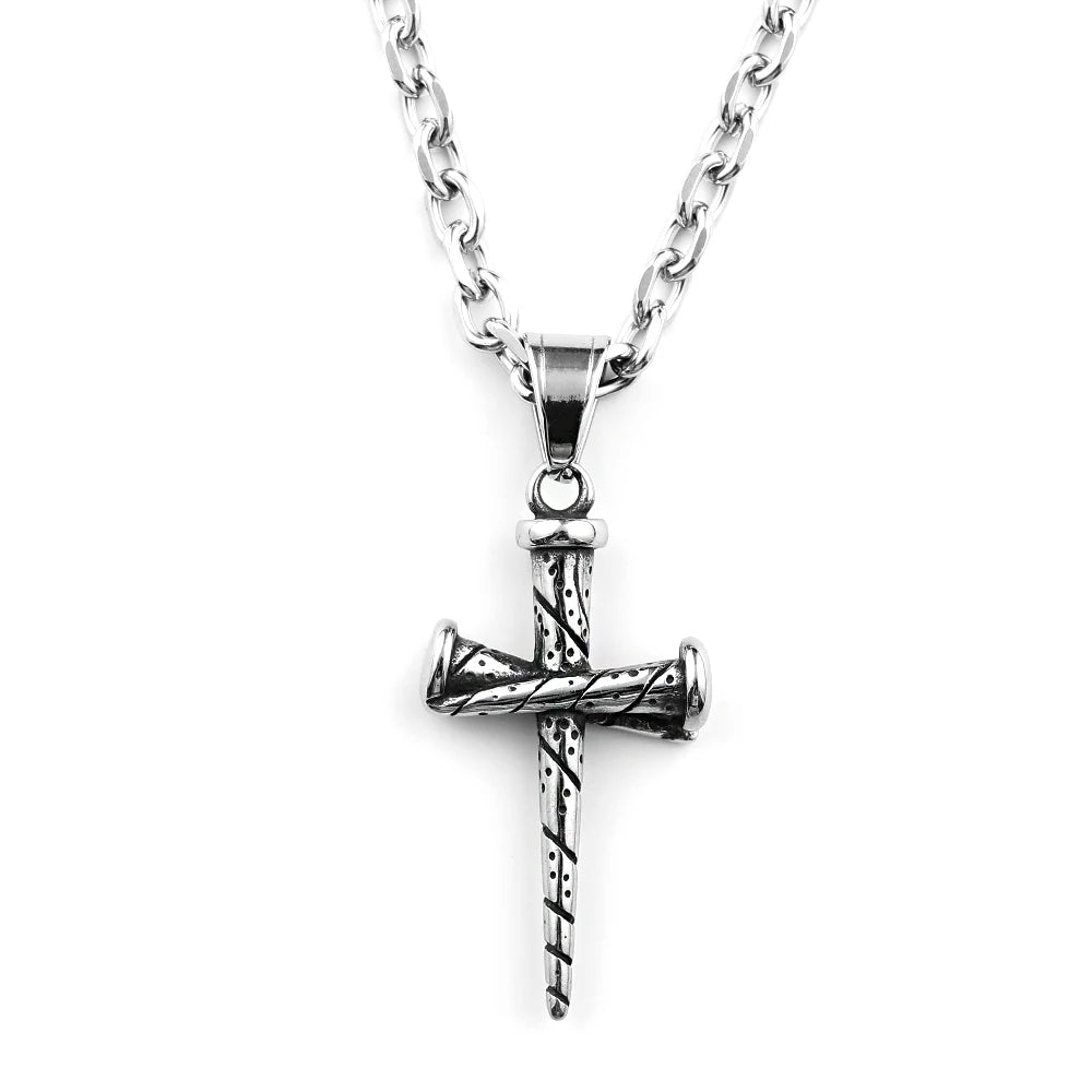Vintage Nail Spike Cross Pendant Necklace — Stainless Steel