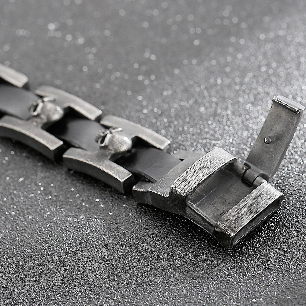Punk Gothic Men's Skull Bracelet Distressed 316L Stainless Steel & Leather Wrap Bracelet for Men With Watch Strap Clasp