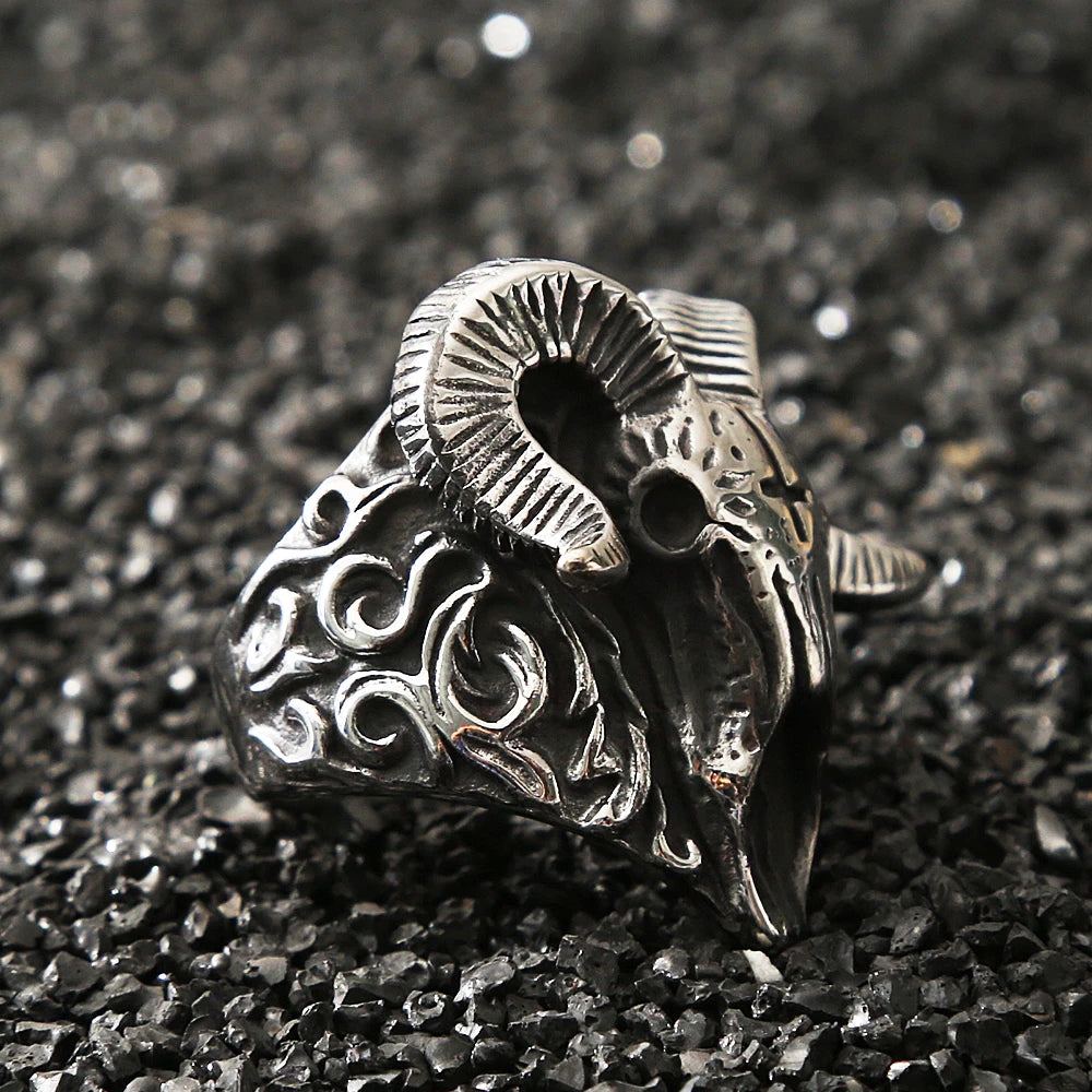 Gothic Lucifer Sheep Head Skull Cross Ring — Stainless Steel