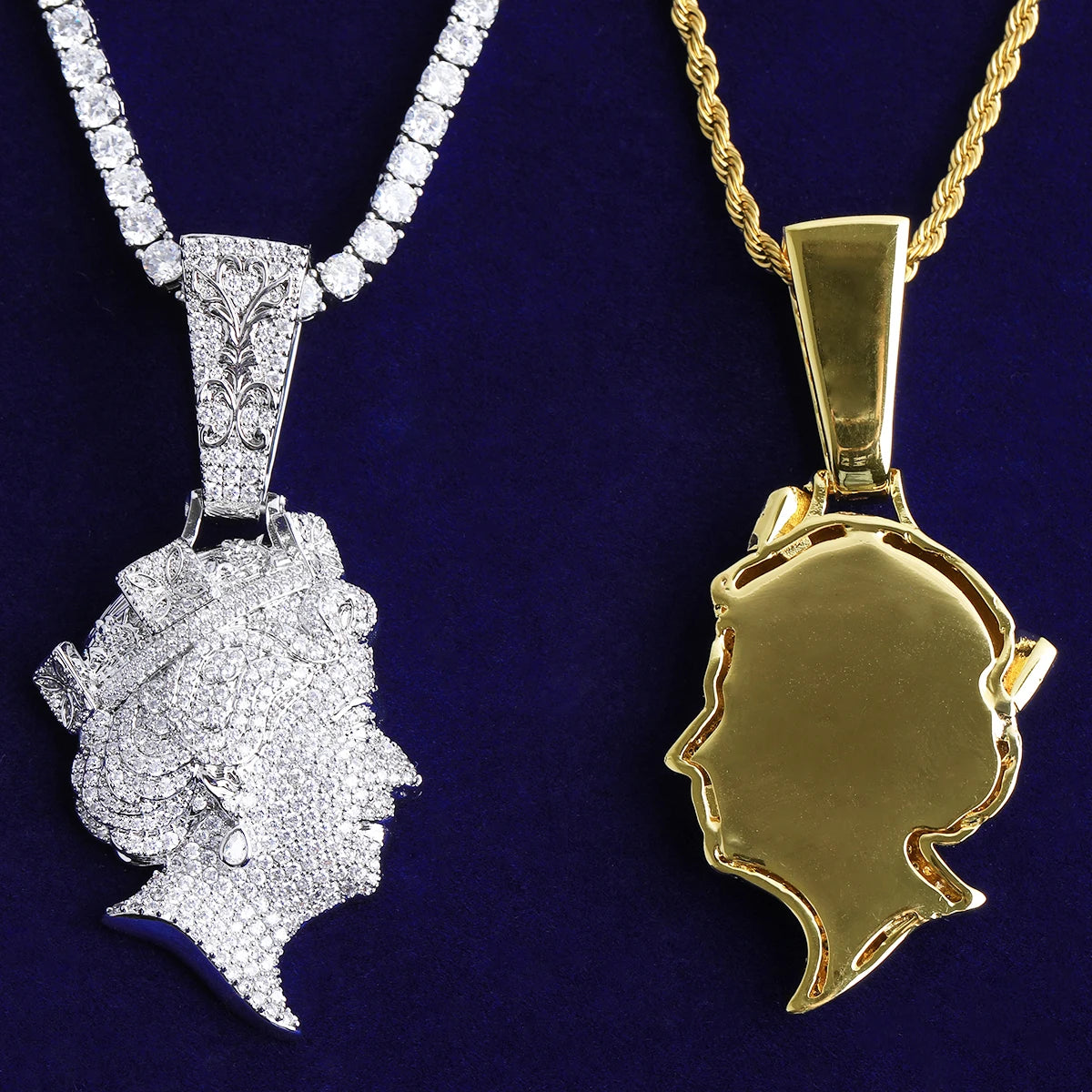 Bubble Letter Iced Out Queen Head Necklace Pendant  for Men Real Gold Plated 5A Cubic Zirconia Hip Hop Jewelry