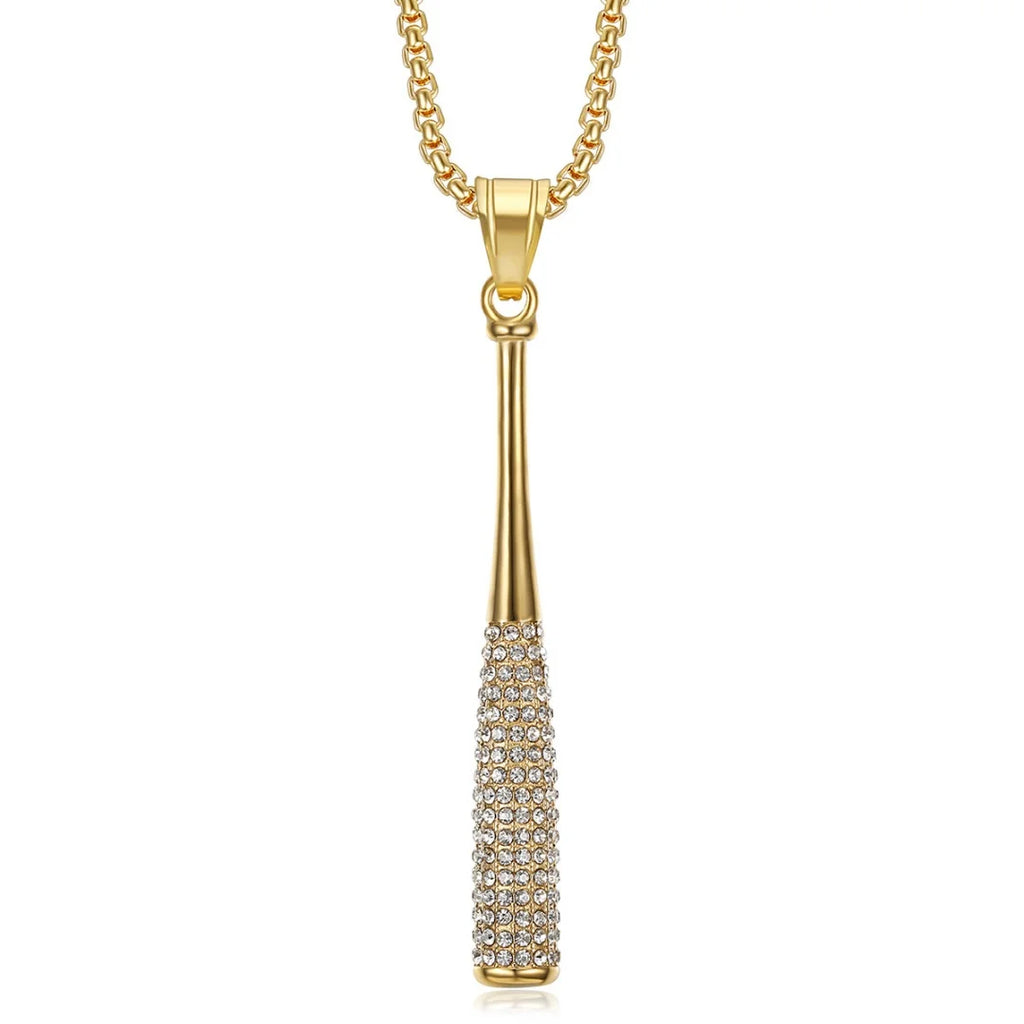 Iced Out Baseball Bat Pendant Necklace — Two-Tone Steel
