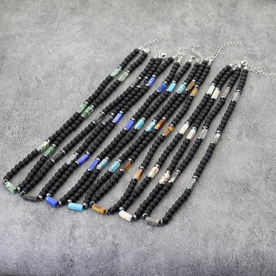 Unique Natural Stone Necklace For Men 19 Inches Short Choker Stainless Steel Buckle Square Tiger Eyes Beads Cycling Accessories